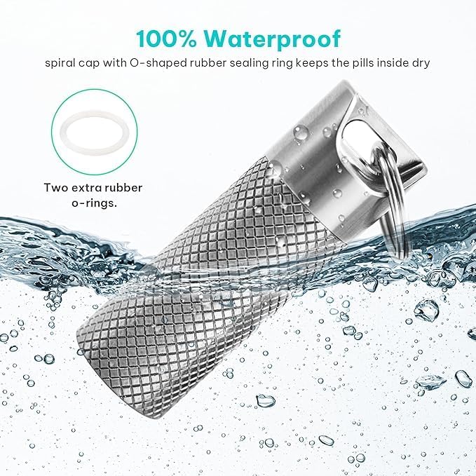Small Titanium Pill Case Keychain - IPX7 100% Waterproof, Extreme Temp Resistant, Large Capacity, Double O-Ring Seal for Theaters & Travel (2PC)