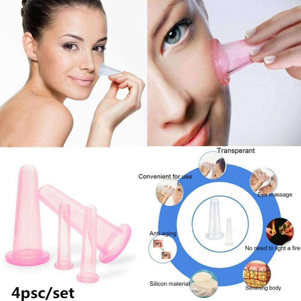 4 Pieces Facial Cupping Therapy Set Anti Cellulite, Silicone Vacuum Cupping Cups for Face and Eye Cupping Massage Manual Back Massagers (2 Small + 2 Large) (Pink)