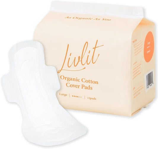 Livlit Large Size Ultra Thin Sanitary Pads, 100% Organic Cotton from Texas, Powerful Leak Protection, Unscented, Chlorine Free and Absorbency of Feminine Periods, Pads for Women (12 Count)