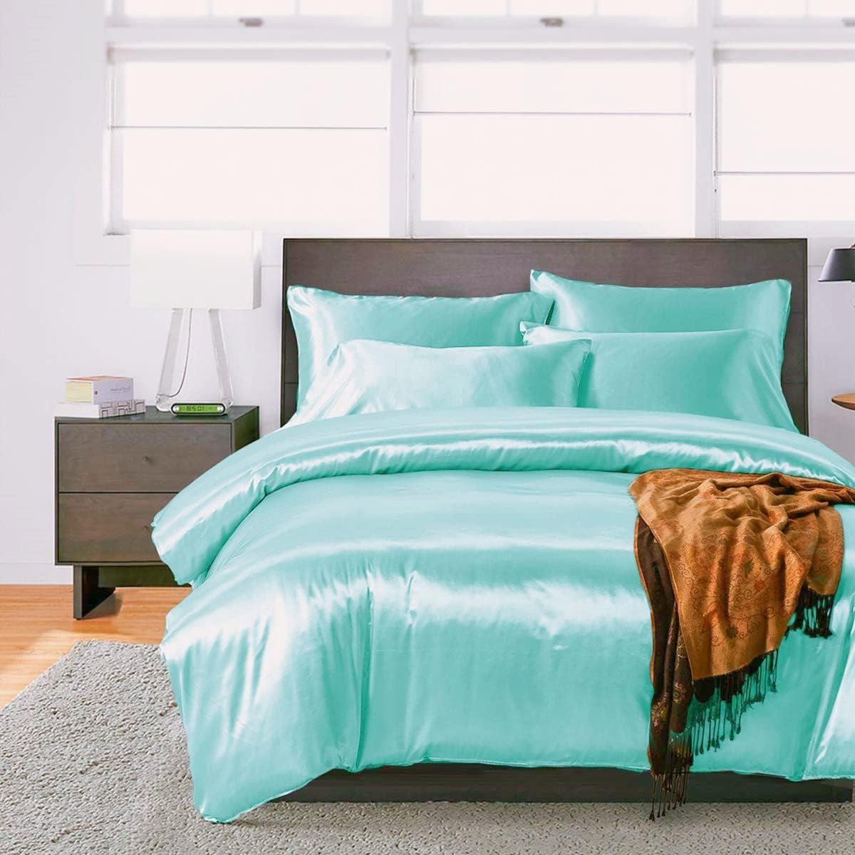 JUWENIN,Luxury Satin Pillowcase with Zipper (Silky Satin Pillow Case for Hair) Set of 2 (Queen, Aqua Blue)