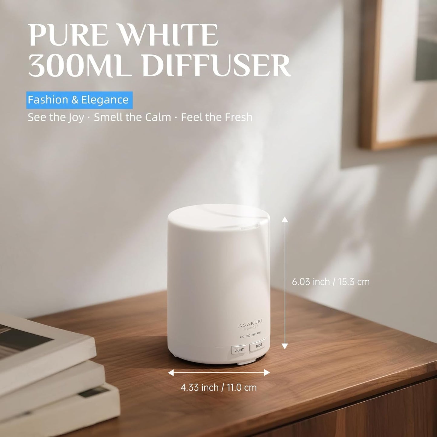 ASAKUKI Essential Oil Diffuser, 5-in-1 Quiet Humidifier, Home Fragrance Aroma Diffuser with 7 LED Color Changing Light and Auto-Off Switch (Pure White)