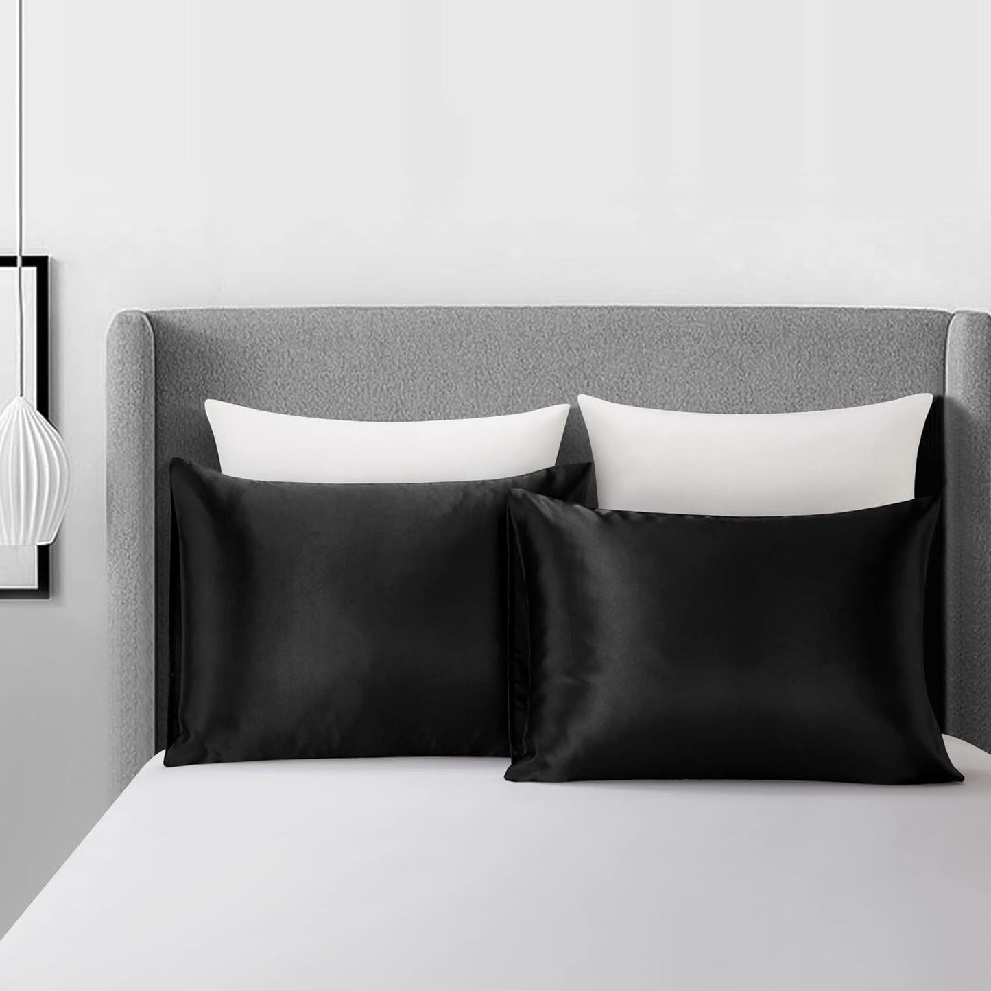 JUWENIN,Luxury Satin Pillowcase with Zipper (Silky Satin Pillow Case for Hair) Set of 2 (Standard, Black)