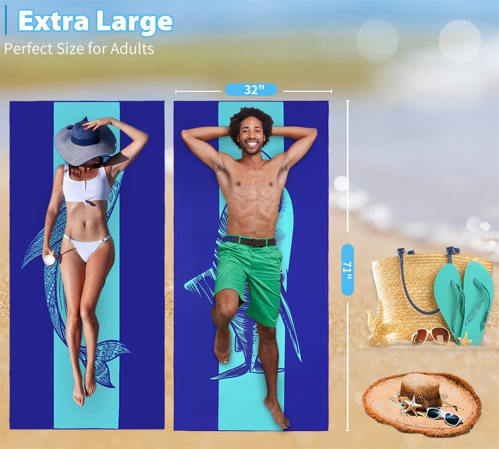 2 Pack Microfiber Lightweight Beach Towel 71"x32" Oversized Extra Large Thin Sand Free Towels Travel Swim Pool Yoga Gym Camping for Adults Women Men Beach Essentials Accessories Vacation Gift