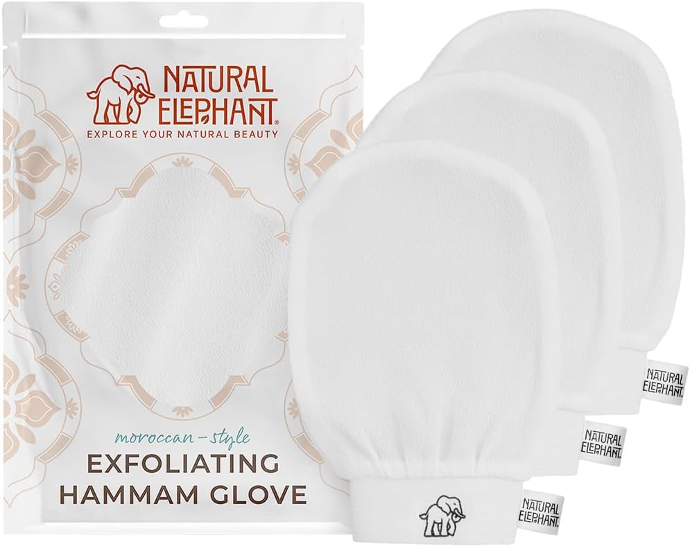 Natural Elephant Exfoliating Hammam Glove | Authentic Moroccan Kessa Body Scrub Mitt for Spa-Quality Skin Renewal | Pearl White 3 Pack
