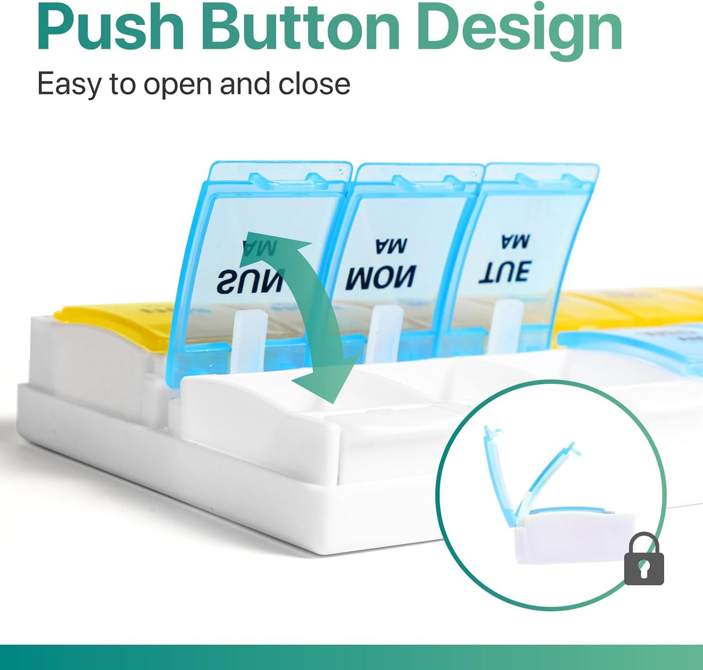 Sukuos AM PM Weekly Pill Organizer 7 Day, 2 Times A Day Medicine Pill Box with Easy Push Button, BPA Free Vitamin Cases for Fish Oil/Supplements, Easy to Clean (Yellow&Blue)