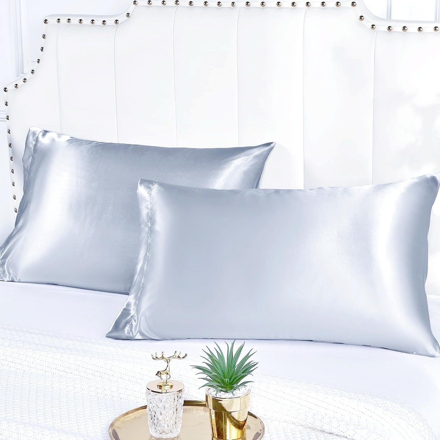 Satin Silk Pillowcase for Hair and Skin, Black Pillow Cases Standard Size Set of 4 Pack Super Soft Pillow Case with Zipper Closure (Silver, King (4 Pack))