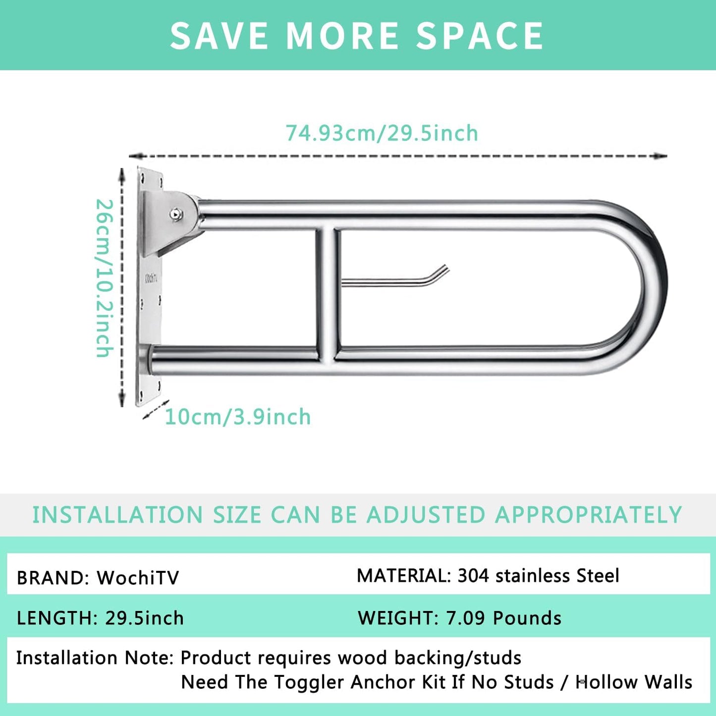 29.5 INCH Stainless Toilet Safety Rails,Disabled Flip-Up Bathroom Grab Bar with Paper Holder,Toilet Handrails Hand Grips Handle Shower Assist Aid, WochiTV Handicap Grab Bars for Elderly