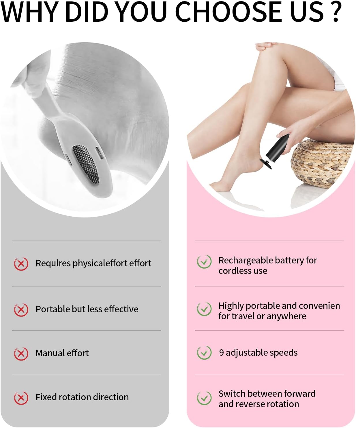 Professional Electric Foot File Tool -Callus Remover Rotating Grinder,1200mAh Rechargeable Battery, 1-Hour Continuous Use, Foot Drill & Sander,Adjustable Speed Foot Files for Deadskin(Black)