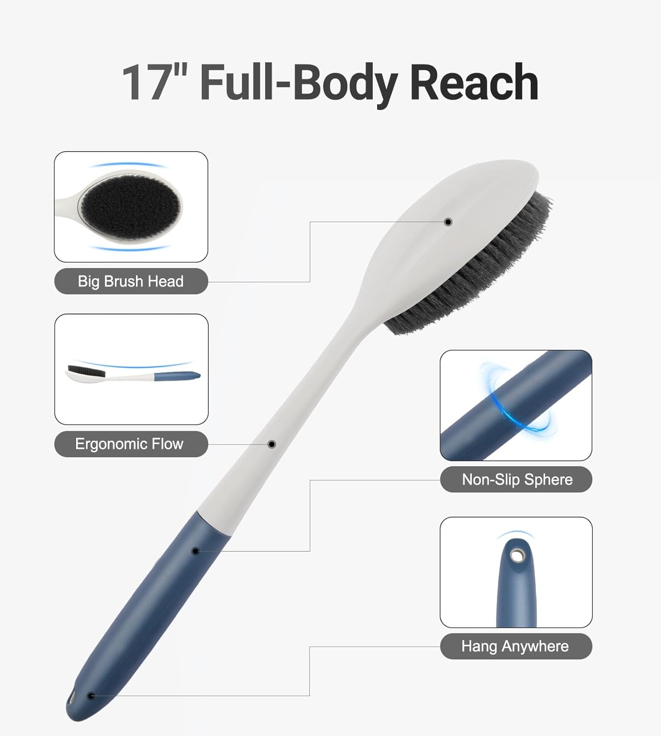 surlees Back Brush for Shower for Men & Women 17" | Body Brush for Wet & Dry Brushing | Exfoliating Body Scrubber & Back Scrubber | Shower Brush with Long Handle (Blue, Scrub Force 5-7)