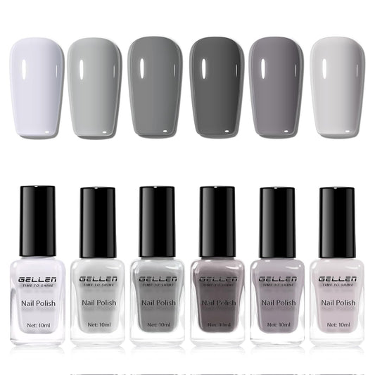 GELLEN Gray Nail Polish Set, Fall Winter Trendy Grey Regular Nail Polish Quick Air Dry 6 Dark Light Colors for Women Gifts DIY Fingernail Toe Nails Home Salon, Not Gel, Hema Free, Non-toxic, No Chip