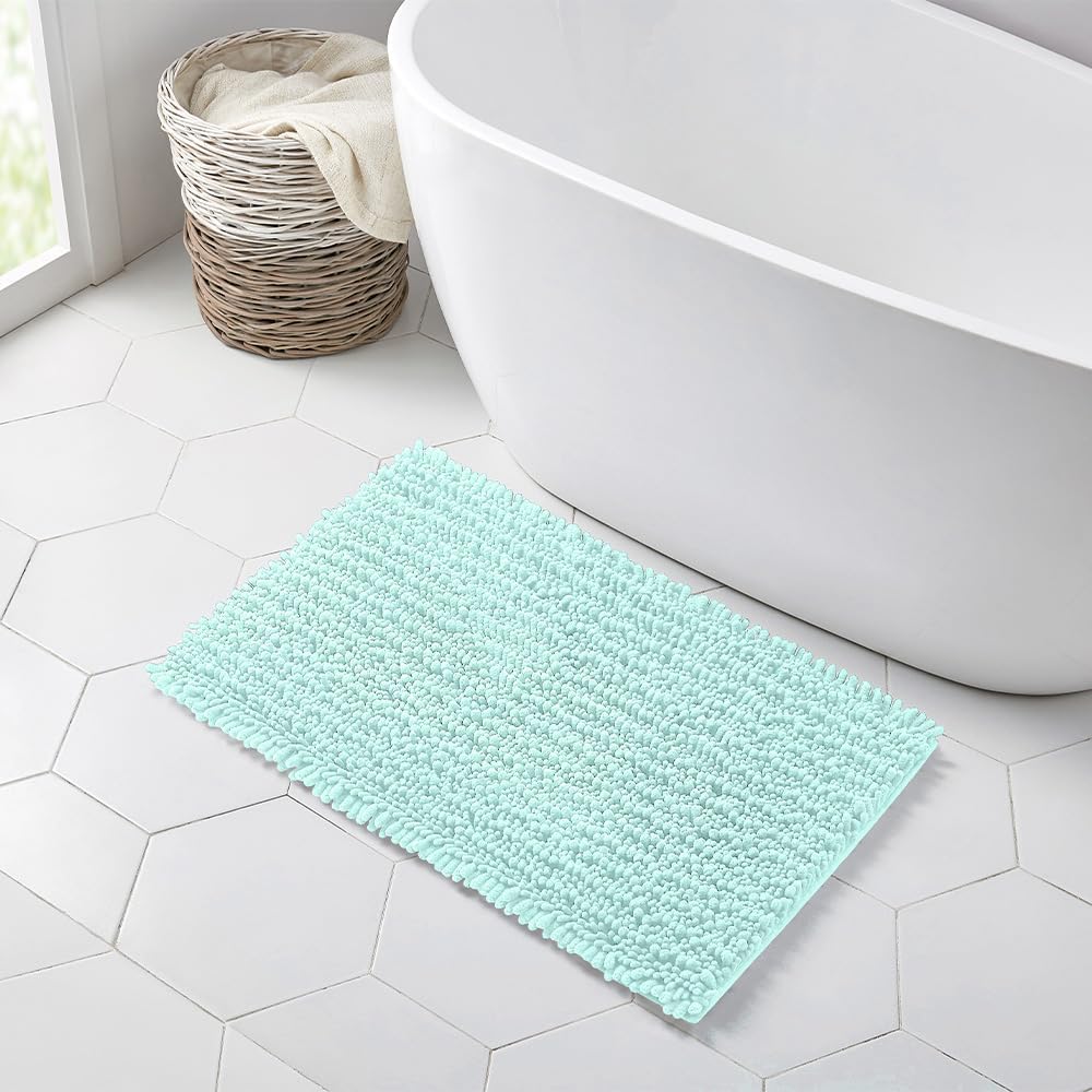 Walensee Bathroom Rug Non Slip Bath Mat (44x24 Inch Spa Blue) Water Absorbent Super Soft Shaggy Chenille Machine Washable Dry Extra Thick Perfect Absorbant Best Large Plush Carpet for Shower Floor