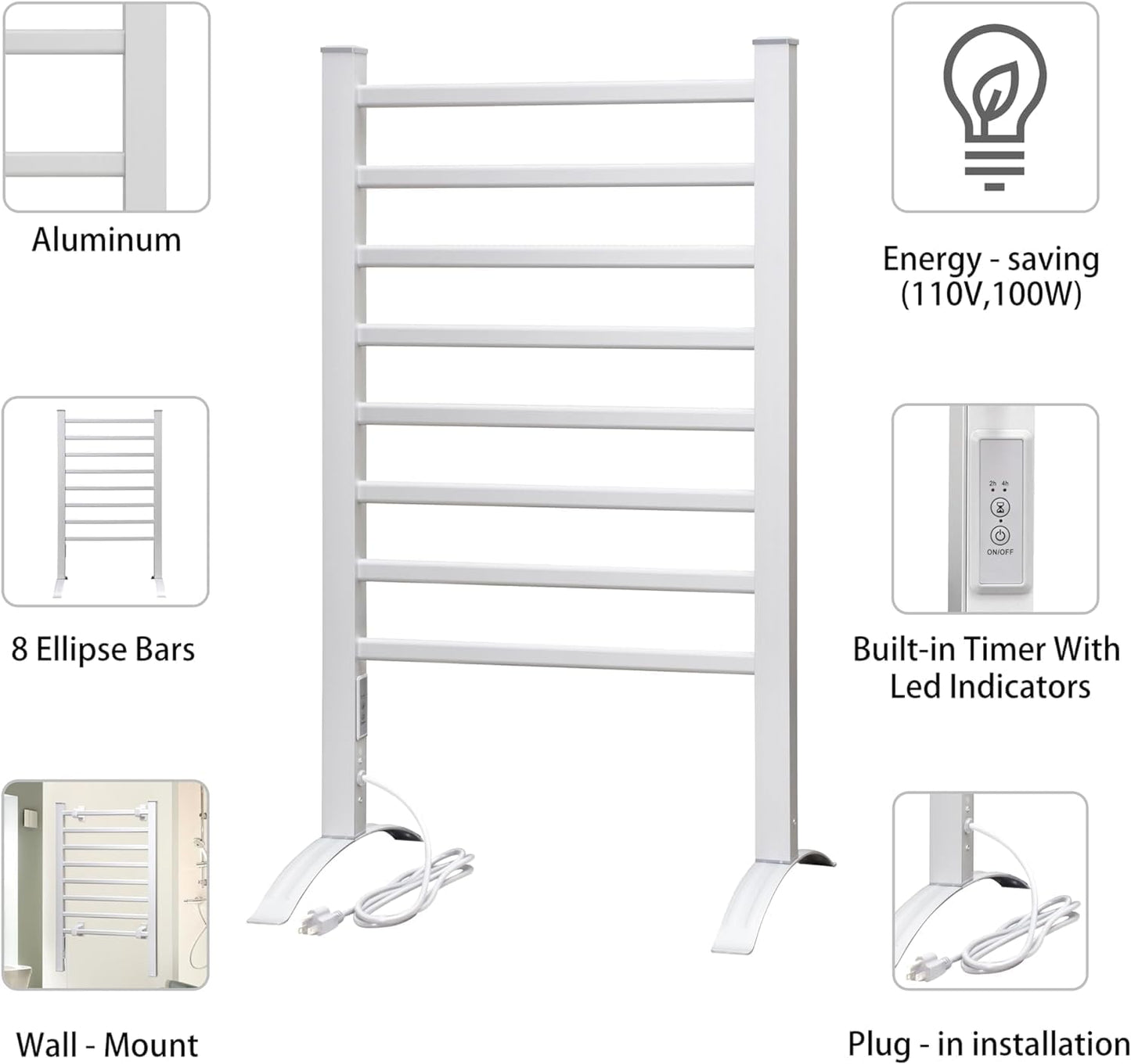 KEG Towel Warmer 8 Bars for Bathroom Freestanding or Wall Mounted Bath Towel Heater Plug-in with Built-in Timer Silver