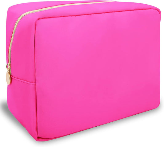 Nylon Large Makeup Bag Travel Cosmetic Bag Pouch, Preppy Big Makeup Bag Cute Cosmetic Zipper Pouch Purse, Waterproof Toiletry Bag Clutch Makeup Organizer Travel Essentials for Women Girls(Hot Pink)