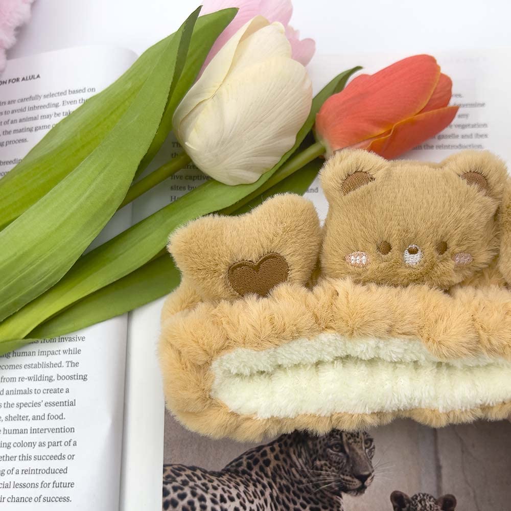 Kawaii Spa Cute Bear Headband for Women Skin Care, Makeup and Wash - Soft Microfiber Coral Fleece Towel Headband for Girls Hair (Brown, Bear)