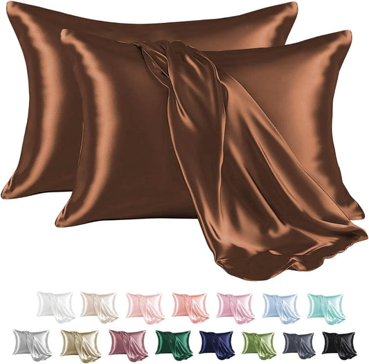 MR&HM Satin Pillowcase for Hair and Skin, Silk Satin Pillowcase 2 Pack, King Size Pillow Cases Set of 2, Silky Pillow Cover with Envelope Closure (20x40, Brown)