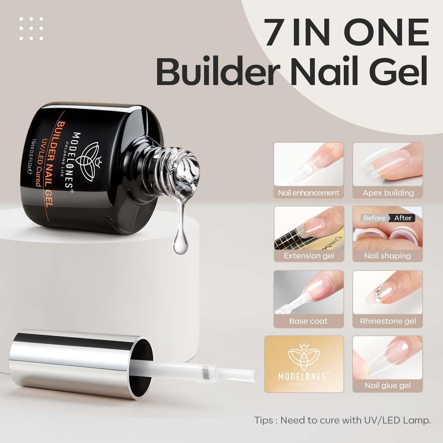 modelones Builder Nail Gel, 7-in-One Clear Builder for Nails, LED Lamp Cured Color Rubber Base Gel Polish Coat Strengthener Thickening Extension Rhinestone Glue in a Bottle for DIY Home Salon Gifts