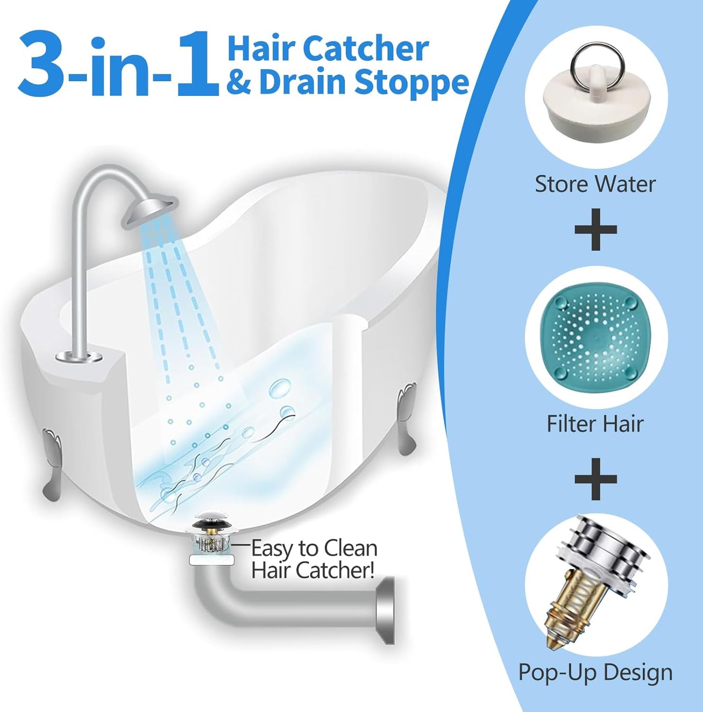 Bathtub Drain Stopper Universal, Pop Up Drain Stopper with Stainless Steel Strainer Basket Hair Catcher, Anti-Clogging Design, Leak-Proof Silicone Ring, for Bath/Sink (1 Pack Tub Drain Stopper)