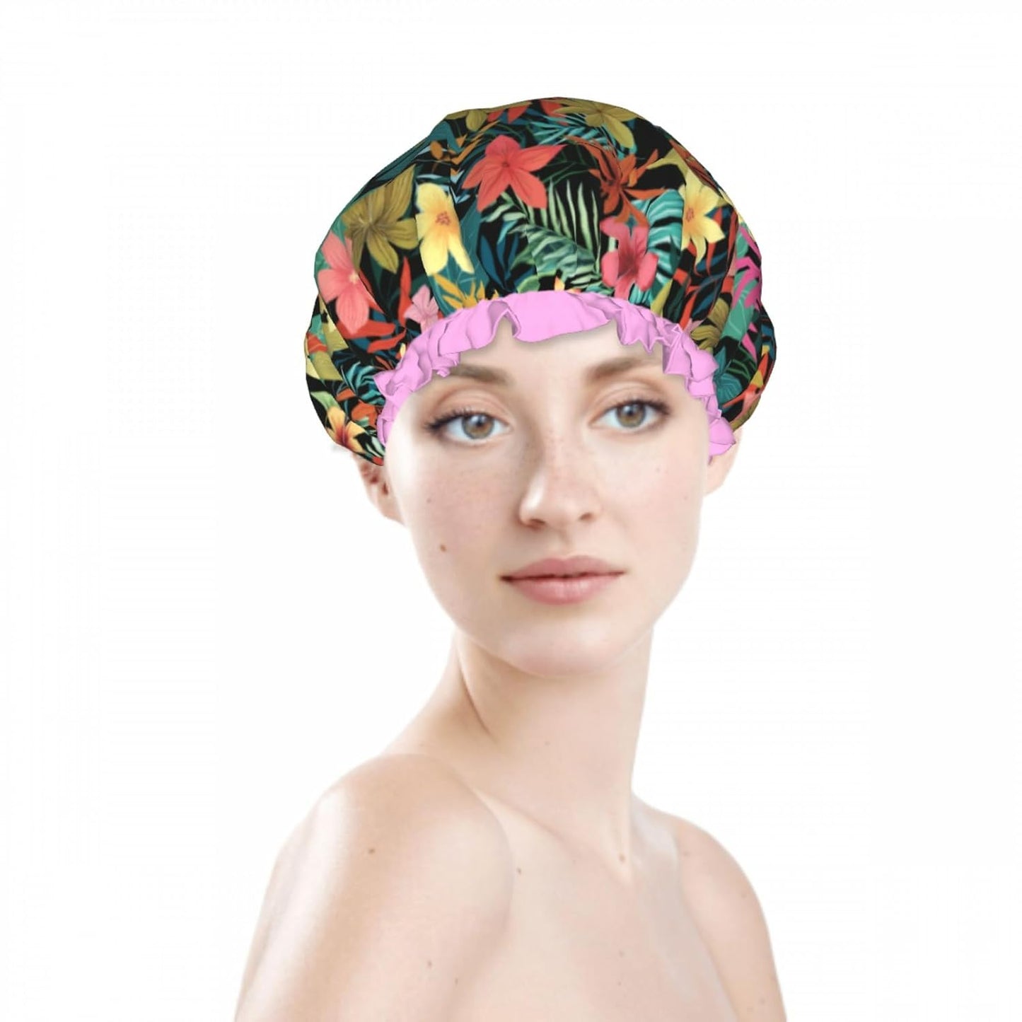 Floral Colorful Double Layer Waterproof Shower Cap for Women Reusable Fashion Bath Cap for All Long Hair Lengths Soft Bath Shower Hat