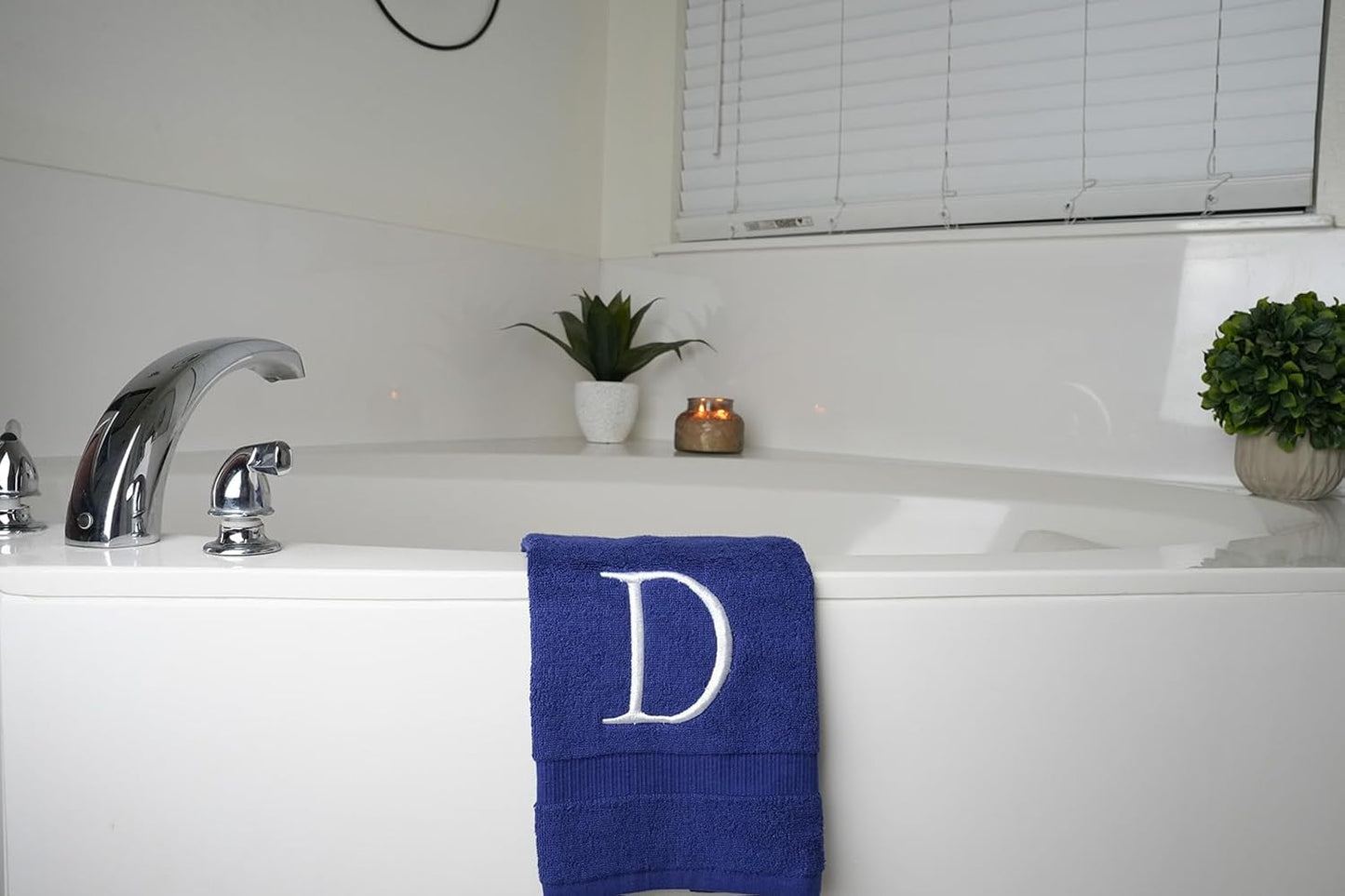 Navy Luxury Hand Towel for Bathroom - Monogrammed Initial Hotel Quality Decorative Embroidered Towel for Powder Room, Spa - GOTS Organic Certified - Set of 2 White Letter D