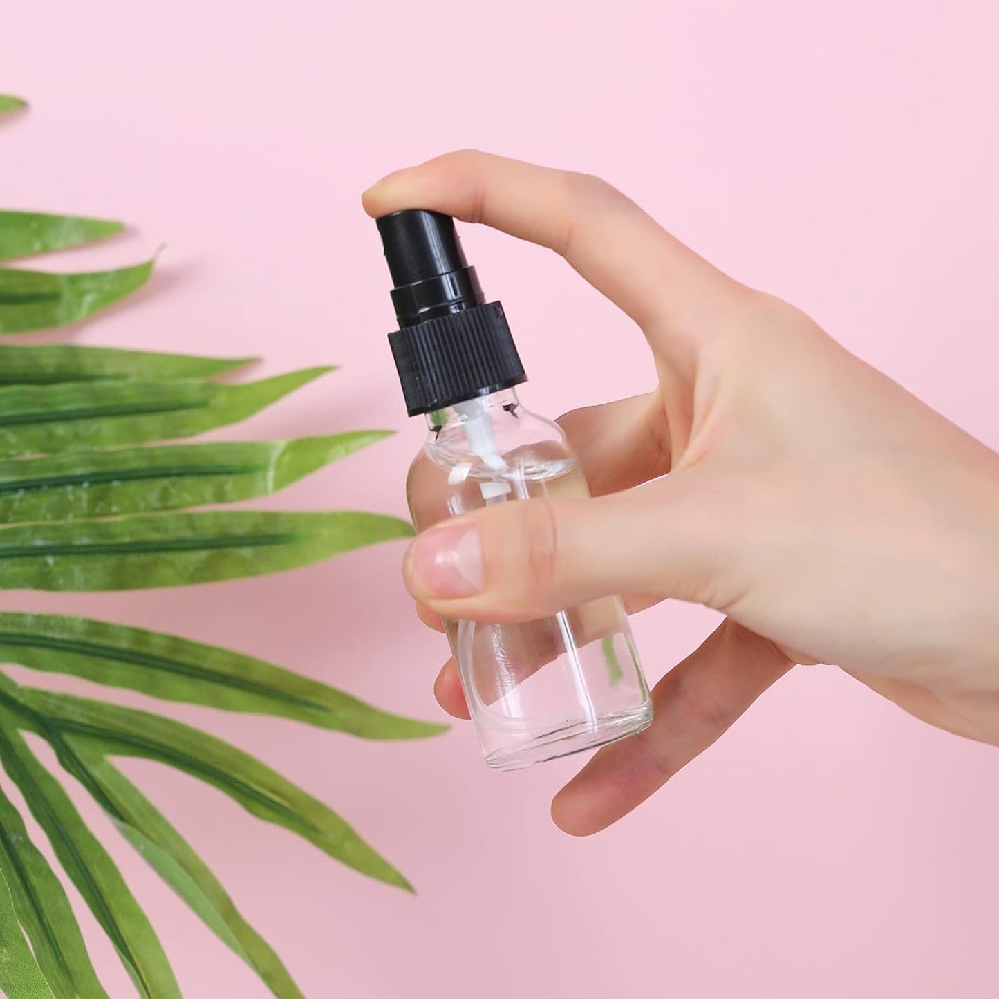 2oz Glass Spray Bottle, Fine Mist Boston Glass Bottles with Black Fine Mist Sprayer Small Clear Bottles for Essential Oils, Bath, Beauty, Hair & Cleaning, Clear, Pack of 48