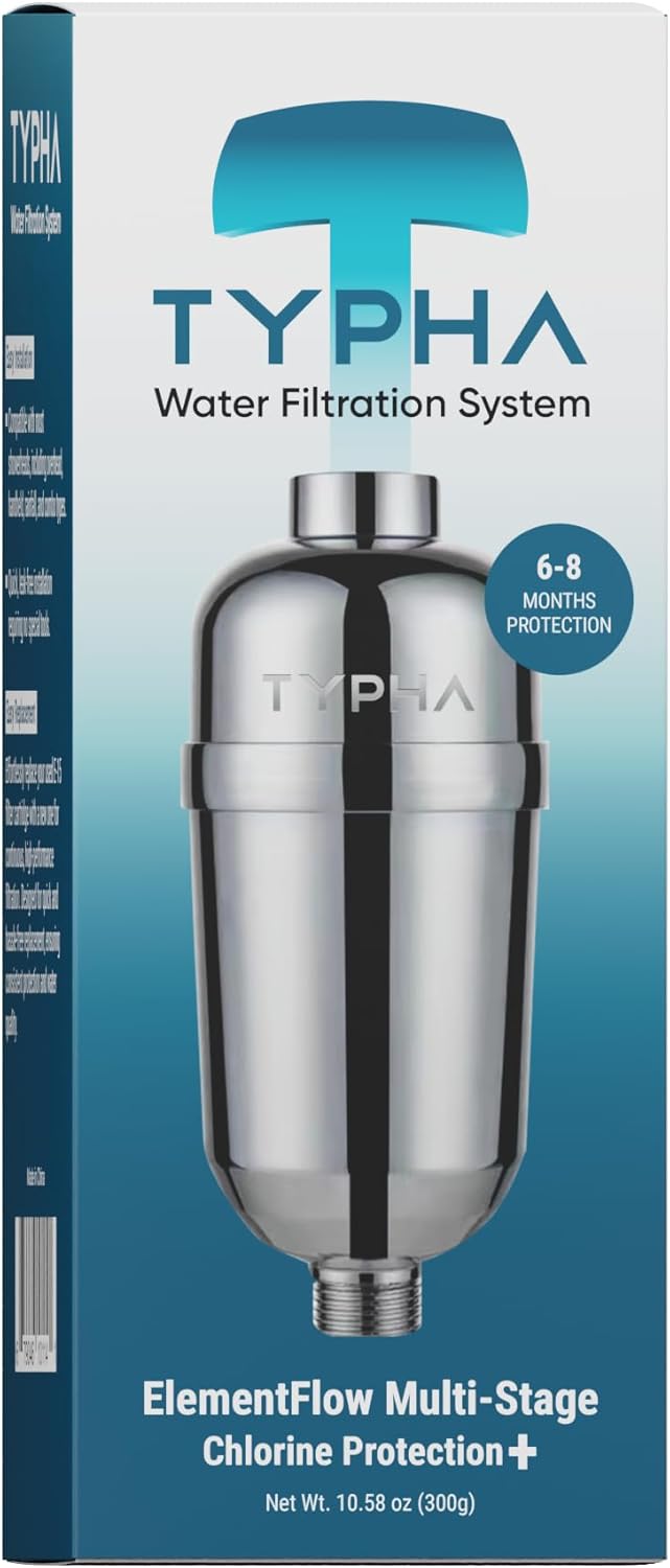 TYPHA ElementFlow 15-Stage Deep-Purifying Shower Filter – Advanced Chlorine Protection+ Reduces Dry, Itchy Skin, Dandruff & Eczema – Enhances Skin, Hair & Nail Health Silver