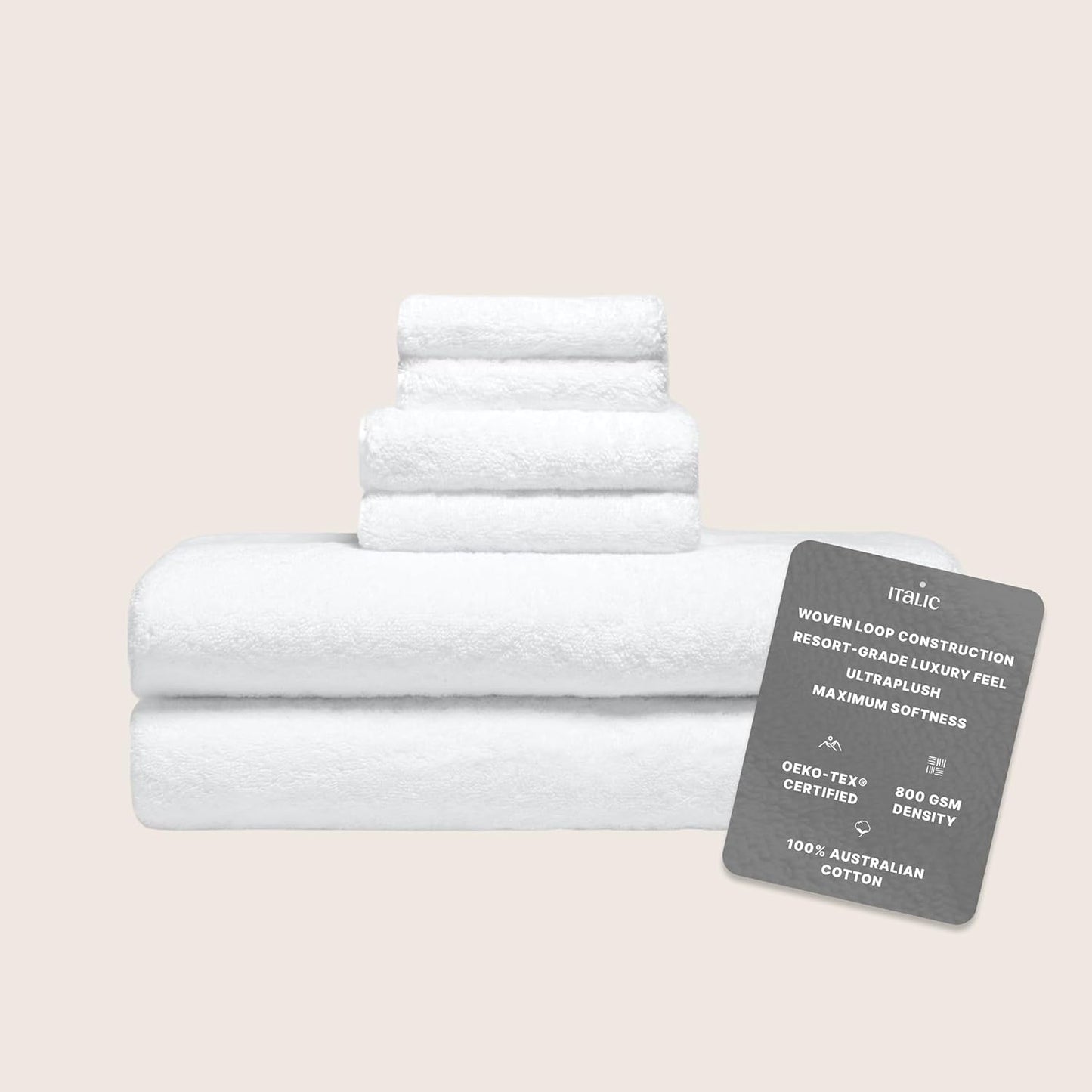 Italic Ultraplush Luxe 6 Piece Towel Set – 2 Bath Sheets, 2 Hand Towels, 2 Washcloths – 800GSM Soft, Highly Absorbent & Quick Drying, Resort Grade 100% Australian Cotton Towels (White)