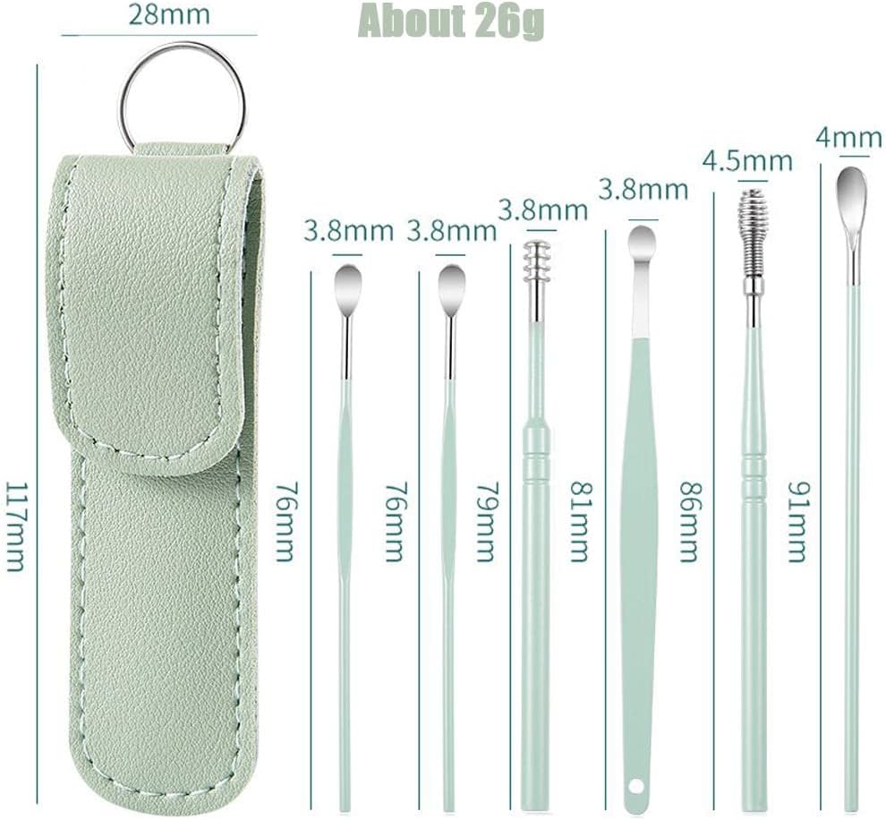6 Pcs Ear Pick Earwax Removal Kit, Cleansing Tool Set, Curette Cleaner, 360degree Spiral Design Canal Cleaner Stainless Steel, with a Storage Box Portable Kit (Green), 11.7x2.8x2cm