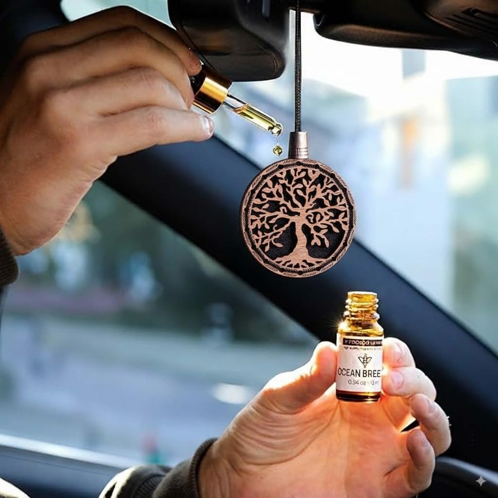 Wood Car Air Freshener — Handmade Car Air Freshener — Tree Of Life Designed Fragrance Oil Diffuser in Wooden Gift Box — Aromatherapy Gift Set with Mountain Rain Fragrance Oil - 10 ml