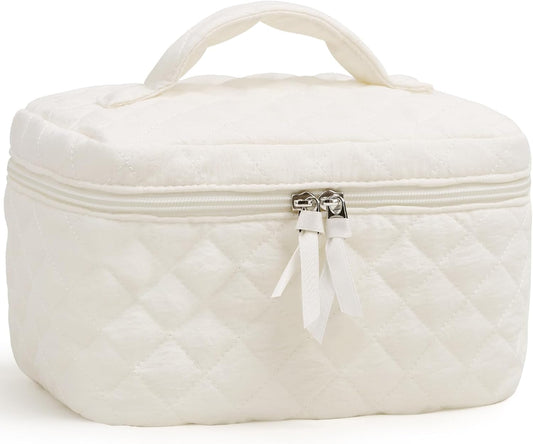 Prite Cotton Makeup Bag Quilted Makeup Bag Large Floral Cosmetic Bag for Women Cute Travel Toiletry Bag with Handle(Beige)