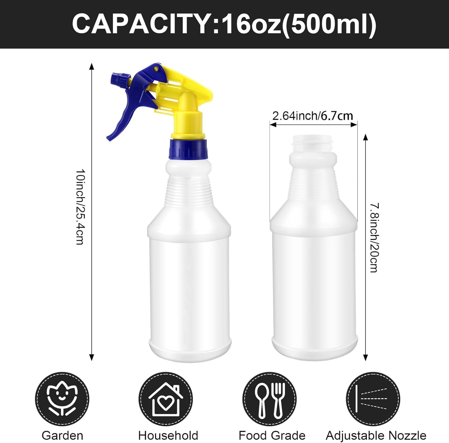Eccliy 12 Pcs 16 Oz Plastic Spray Bottle, Adjustable Empty Reusable Sprayer for Cleaning, Planting, Water, Bathroom and Kitchen, BBQ, Commercial and Residential(Yllow&blue,Original)