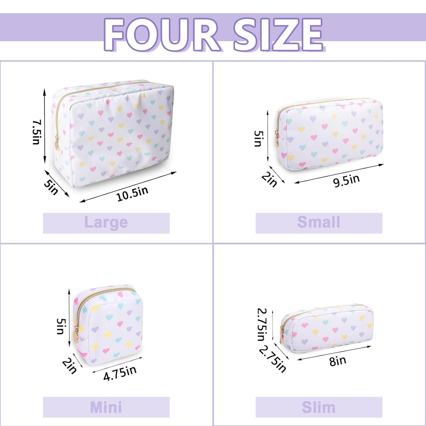 Small Pencil Case Makeup Bag for Purse, Cute Pencil Pouch Nylon Preppy Makeup Brush Bag with Zipper, Girls Portable Stationery Storage Case for Office School College(Slim-White Heart)