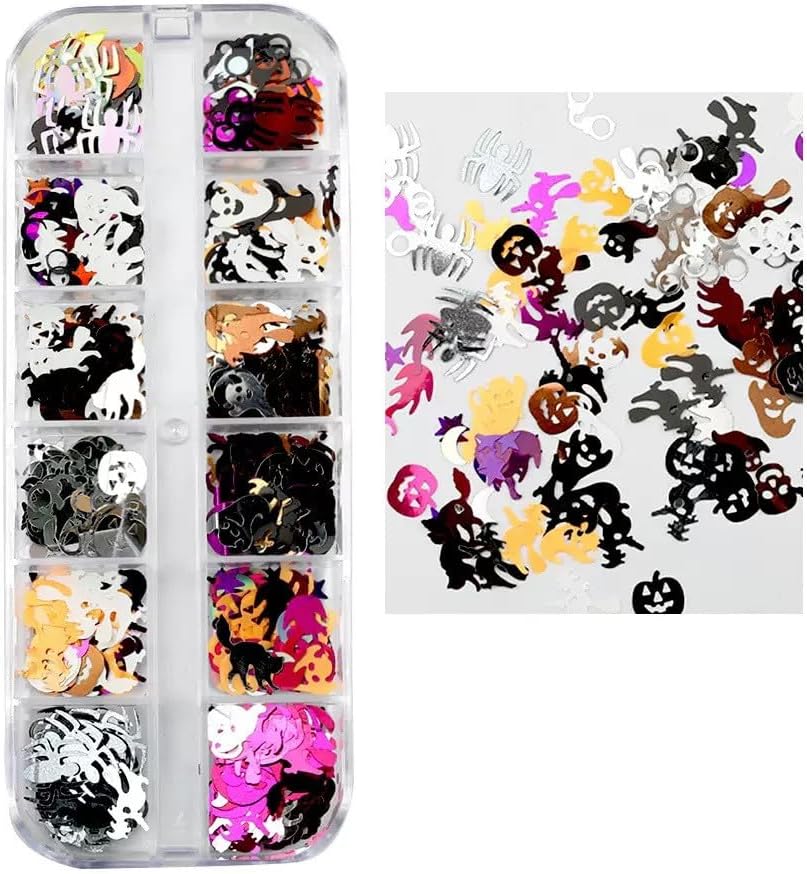 3 Boxes Halloween Nail Art Sequins 3D Holographic Spider Pumpkin Face Ghost Witch Skull Nail Art Glitter Sequins Halloween Nail Decoration Supplies for Women (36 Grids)