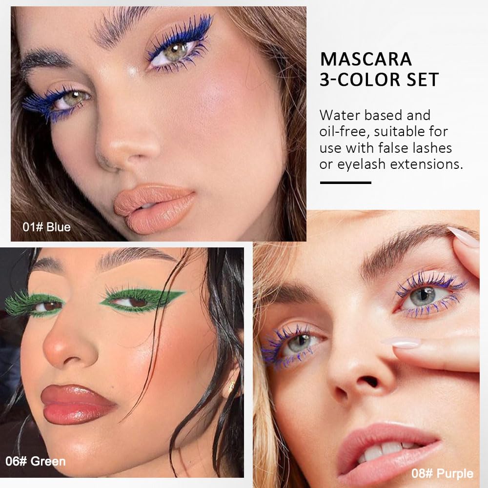 Colored Mascara for Eyelashes Set,Colorful Waterproof Mascara for eyelashes Long lasting Charming Voluminous for Women Halloween Eye Makeup (3Pcs 01#Blue&06#Green&08#Purple, F)