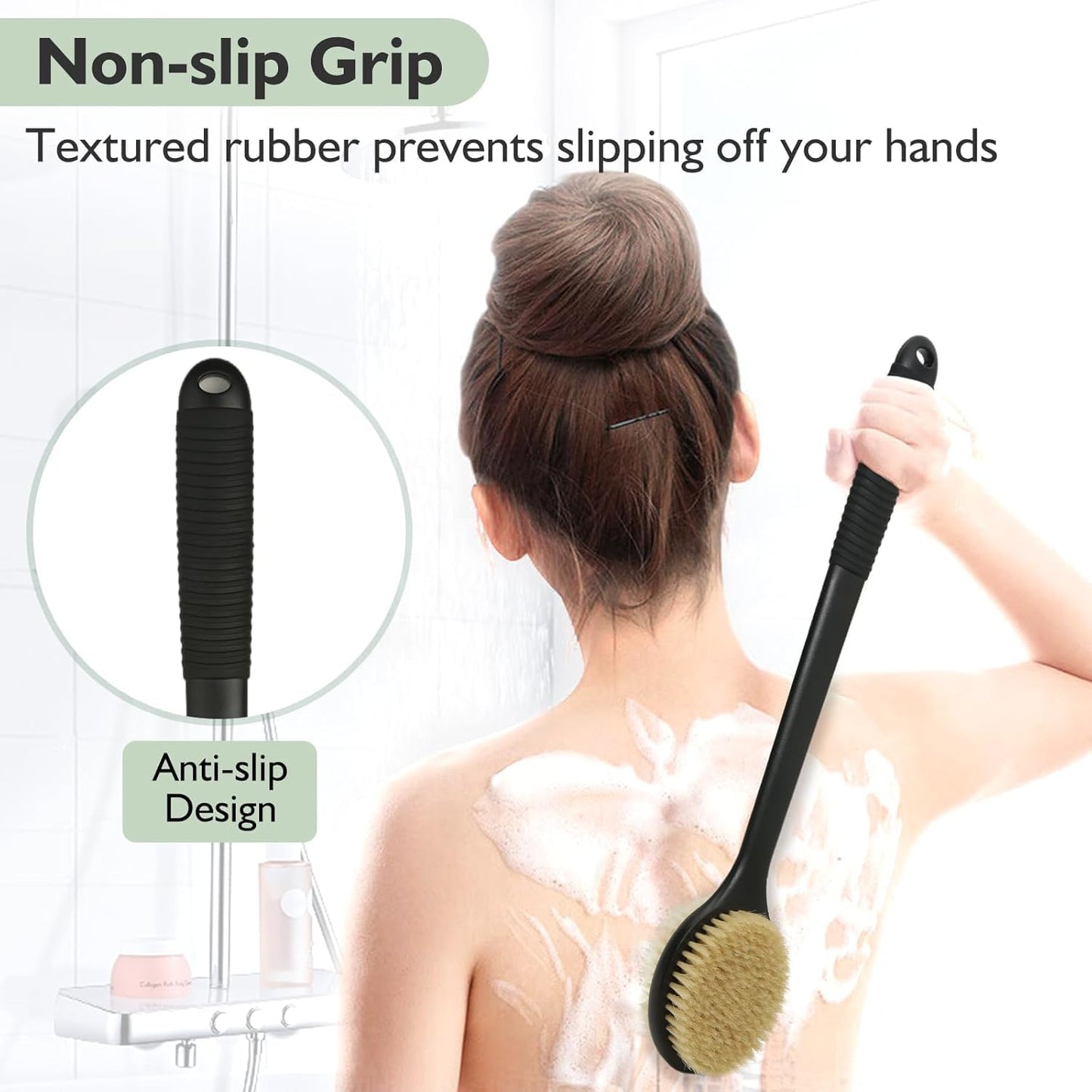 VANZAVANZU 17 Inch Anti-Slip Long Handle Back Scrubber for Shower – Dual-Sided Shower Brush and Shower Back Scrubber with Soft & Stiff Bristles for Wet or Dry Use (Black)