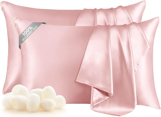 THXSILK Set of 2 Mulberry Silk Pillowcase for Hair and Skin, 100% Mulberry Silk Grade 6A+, Dual-Sided Real Silk Pillow Cases with Hidden Zipper, King Size 20"x36" Silk Pillow Cases, Light Pink