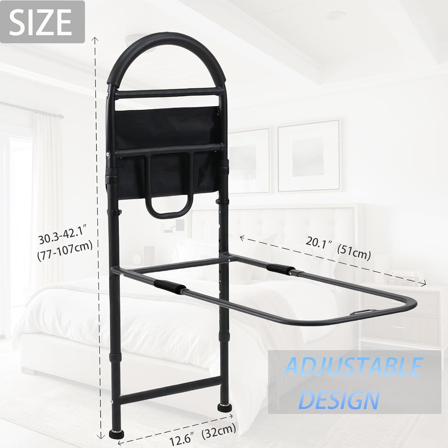 Bed Rails for Elderly Adults Safety, ASTM Approved Adjustable Bed Handle Bedside Assist, Non-Slip Ergonomic Handle and Support Bar, Support Up to 330lbs, with Fixing Strap
