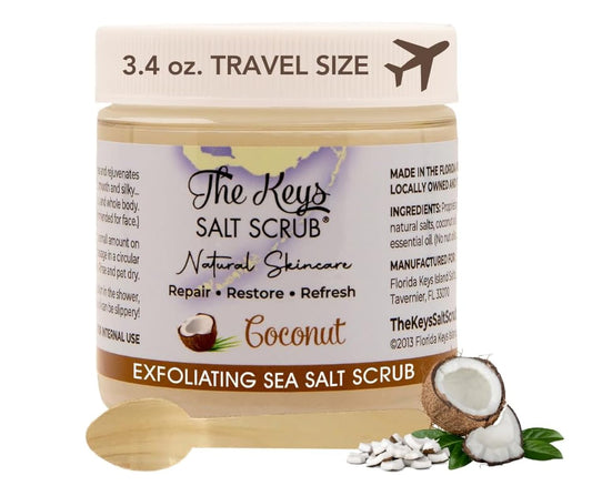 The Keys Salt Scrub -Sea Salt Scrub - Exfoliating Body Scrub with Wooden Spoon - Moisturizing Exfoliator for Hands, Foot, Bath, (3.4 Ounce (Pack of 1), Coconut)