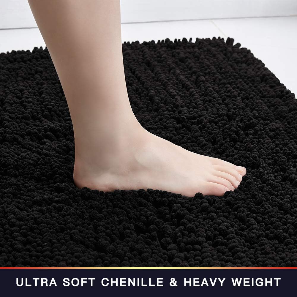 Walensee Bathroom Rug Non Slip Bath Mat (32x20 Inch Black) Water Absorbent Super Soft Shaggy Chenille Machine Washable Dry Extra Thick Perfect Absorbant Best Large Plush Carpet for Shower Floor
