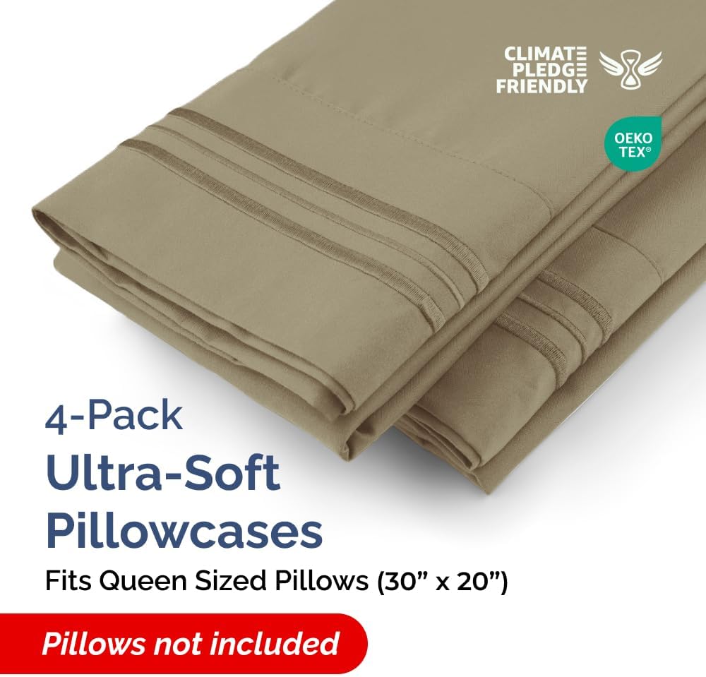 Queen Pillow Cases Set of 4 - Ultra Soft Hotel Quality Pillowcase Covers - Comfy, Cozy & Wrinkle Free - Shrinkage, Stain and Fade Resistant - Machine Washable Pillow Protectors - 4 Piece Set - Khaki
