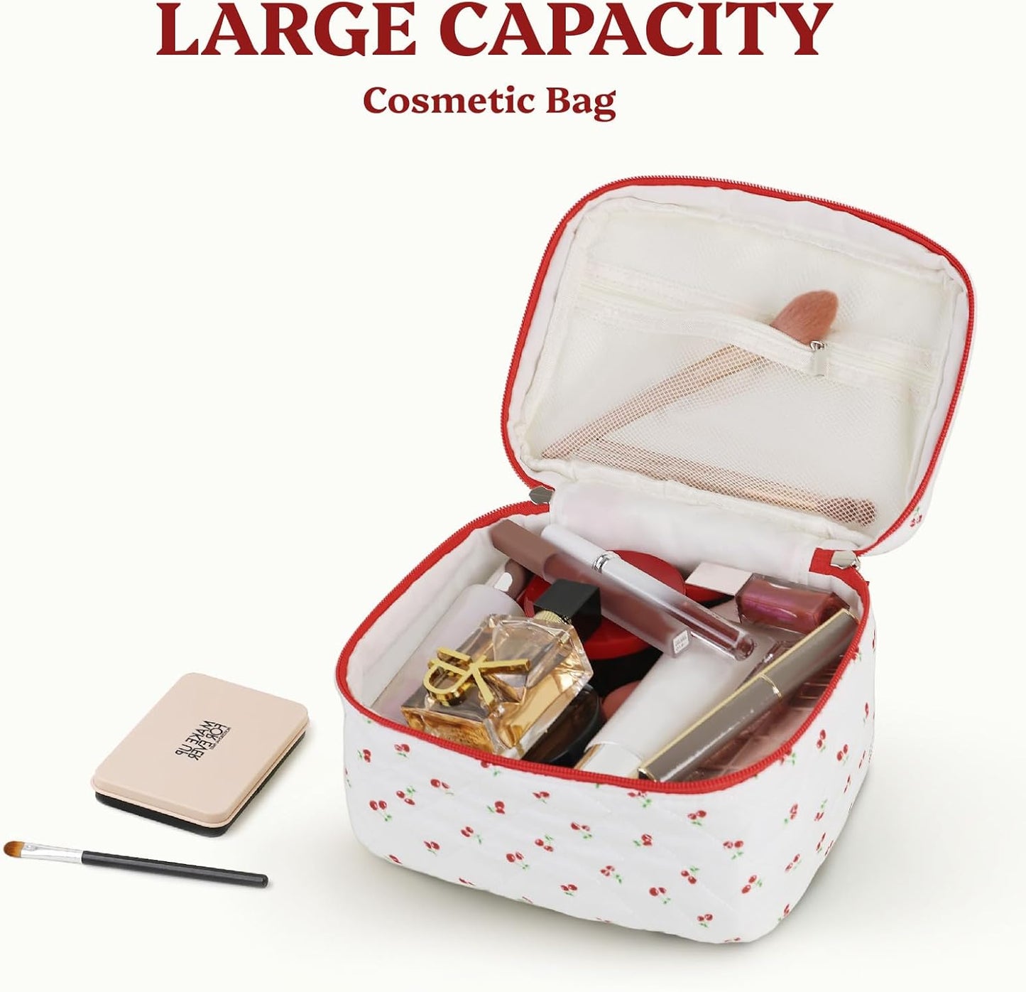 Prite Large Makeup Bag for Women Quilted Floral Cotton Cosmetic Bag Cute Coquette Aesthetic Floral Travel Toiletry Bag (Red Berries)