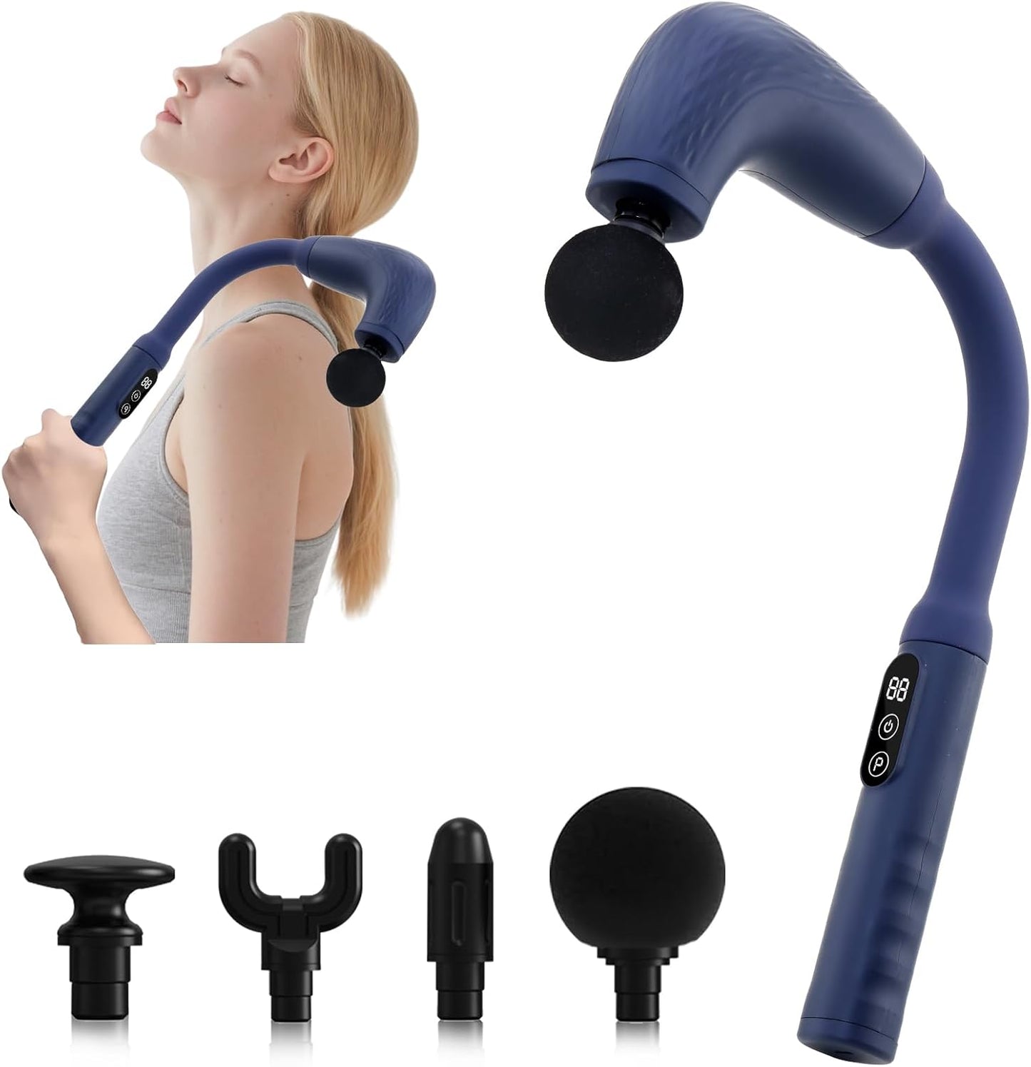 Massage Gun with Upgraded Extension Handle, Back Massager for Pain Relief Deep Tissue, Muscles/Neck/Shoulders/Waist/Legs Massager with 4 Massage Heads & 6 Speed Levels & 3 Massage Modes, Blue