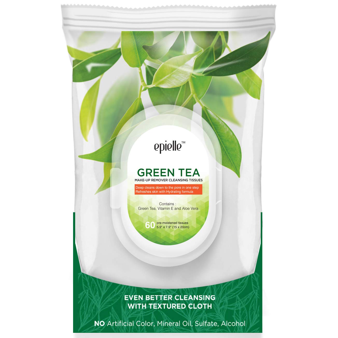 Epielle Green Tea Makeup Remover Wipes, Gentle Daily Facial Cleanser Towelettes, Remove Dirt, Oil & Waterproof Mascara, Hypoallergenic & Alcohol-Free, 60 Count (Pack of 2)