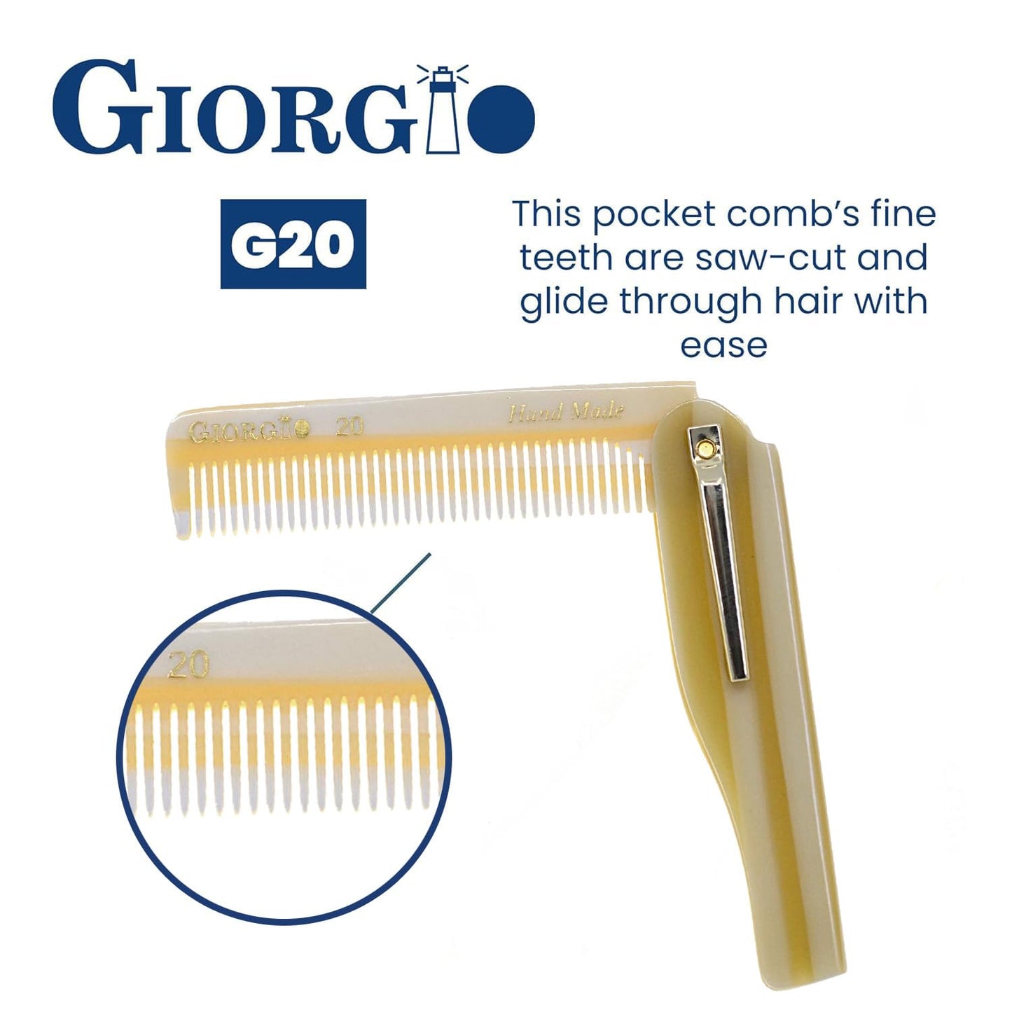 Giorgio G20 Fine Tooth Folding Mustache and Beard Comb 6.5 Inches - Small Pocket Comb for Everyday Hair Care and Styling - Sawcut and Hand Polished (Ivory)