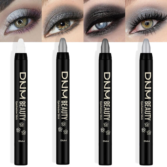 evpct 4Pcs White Black Grey Silver Cream Eyeshadow Pencil Bulk Stick Set, Waterproof Pearl white Dazzling grey Pearl black Silver Shimmer Metallic Eye shadow Crayon Stick sombras en crema para ojos