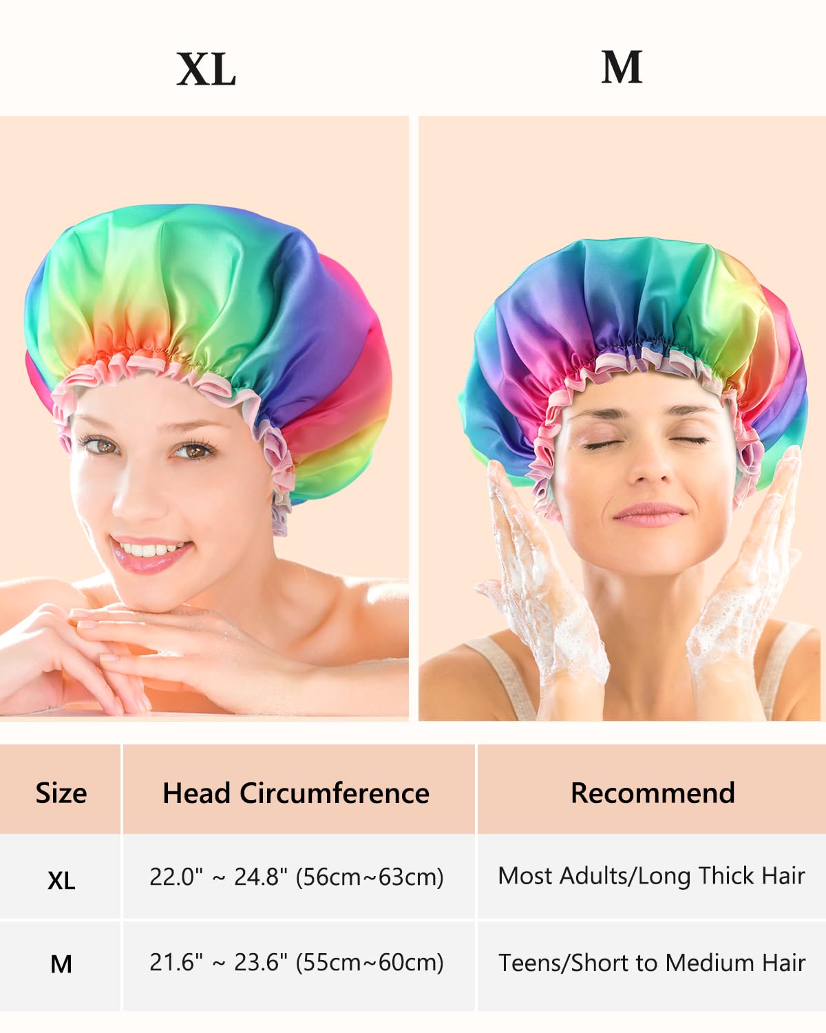 mikimini Large Shower Cap for Women Long Hair, Double Layer Waterproof, Large size, Reusable, Washable, No Smell, Rainbow Fashion Shower Cap X-Large (Pack of 1) Rainbow
