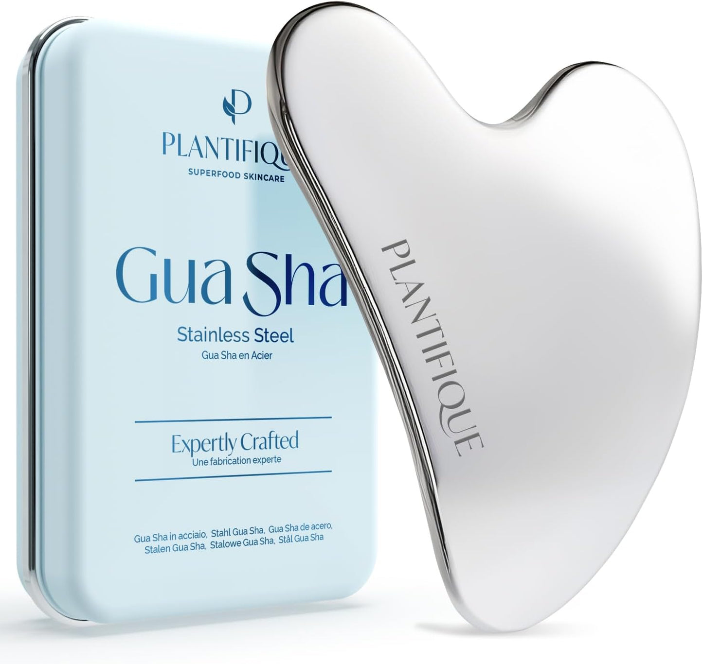 PLANTIFIQUE Stainless Steel Gua Sha | Facial Tool | Skin Massage for Face Body Eyes Neck Heart Style with Travel Pouch | Skin Care Gift