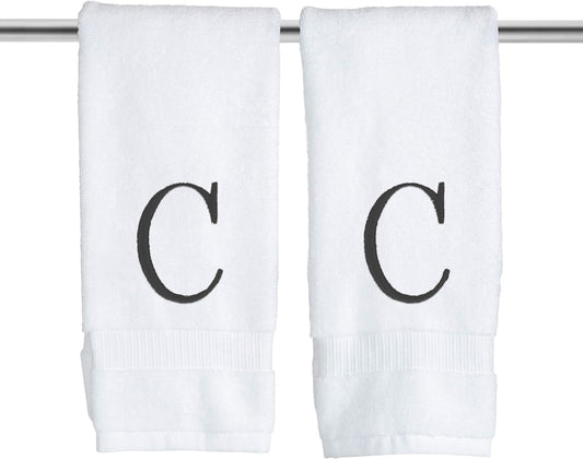 Black Initial Hand Towel for Bathroom - Monogrammed Luxury Hotel Quality Decorative Embroidered Towel for Powder Room, Spa - GOTS Organic Certified - Set of 2 Letter C