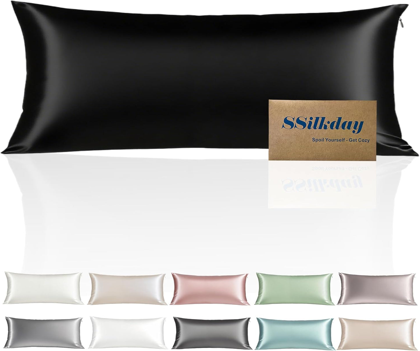 Mulberry Silk Body Pillow Pillowcase with Zipper, Ultra Smooth Soft Breathable Cooling Pillow Cases for Hot Sleepers, Silk Satin Body Pillow Cover for Hair and Skin (Black, 20×54 Inches, 1 Pack)