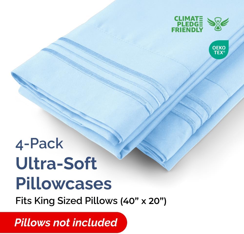 King Pillow Cases Set of 4 - Ultra Soft Hotel Quality Pillowcase Covers - Comfy, Cozy & Wrinkle Free - Shrinkage, Stain & Fade Resistant - Machine Washable Pillow Protectors - 4 Piece Set - Light Blue