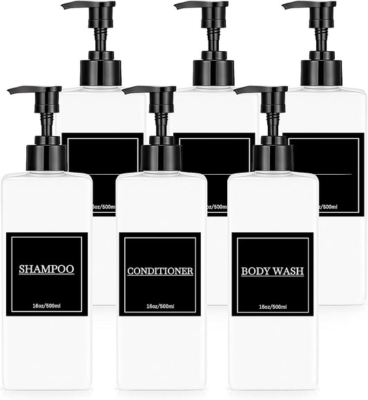 Tanlade 6 Pcs Shampoo and Conditioner Dispenser Bottles 16oz Modern Shower Soap Bottles with Pump, Labels and Marker Pen Easy to Refill Body Wash Dispensers for Home Bathroom Decoration (White)